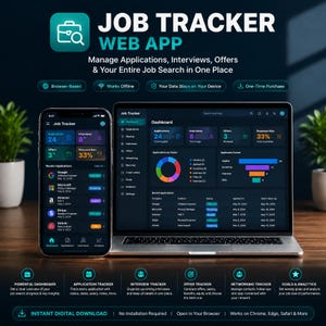 May include: A digital job tracker web app displayed on a smartphone and a laptop screen. The interface features dark mode with teal accents, showing dashboards for applications, interviews, and offers with charts, status lists, and data analytics.