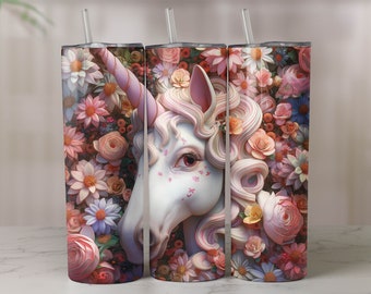 Licorne blanche rose 20 oz gobelet skinny sublimation design numérique téléchargeable, emballage de gobelet licorne blanche rose, téléchargement numérique, JPG, PNG