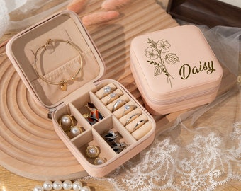 Engraved Leather Jewelry box,Jewelry Box Travel Case,Birth Flower Jewelry Travel Case,Birthday Gifts,Jewelry Organizer,Month Flower Gift