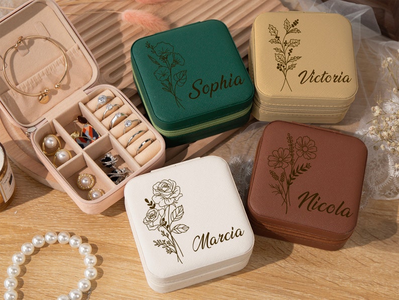 Jewelry Box Travel Case,Bridesmaid jewelry box,Engraved Leather Jewelry box,Birth Flower Jewelry Travel Case,Birthday Gift,Jewelry Organizer image 4