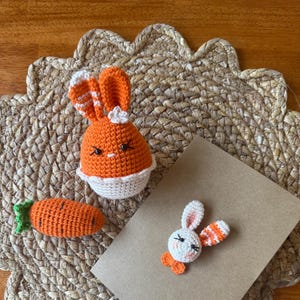 Conejito de Pascua personalizado, regalo hecho a mano para niños, huevo de conejito de crochet, algodón orgánico, conejito amigurumi, set de regalo personalizado en el extranjero