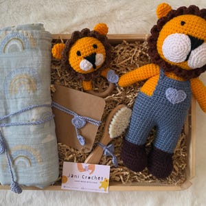 May include: A gift basket containing a blue and yellow baby blanket, a crocheted lion toy, a wooden teether, a wooden brush, and a card that reads "Jani Crochet".