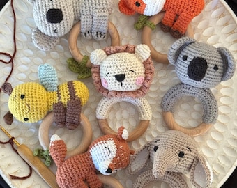 Cute Crochet Baby Rattle, Handmade Customized Gift Newborn, Baby Shower Idea, Girl Boy, Gender reveal, Animal, koala bee lion fox elephant