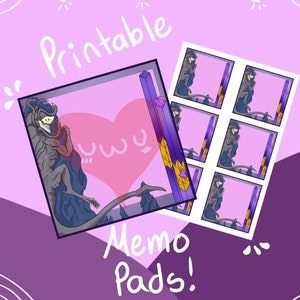 May include: Printable memo pads featuring a purple and gold design with a cartoon monster. The memo pads have a pink heart with the text "uwu" on them. The text "Printable Memo Pads!" is written on the image.