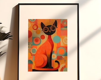Mid Century Funky Cat Print, Burnt Orange Abstract Wall Art