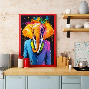 A colourful and humorous portrait of a suited elephant.