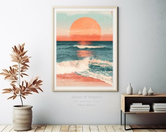 Large Abstract Wall Art, Retro Print Coastal Escape Oceans Embrace, Tranquil Beach Scene in Peach, Teal Sunset Digital Print