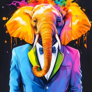 A digital artwork of an elephant dressed in formal attire, with a paint-splattered head.
