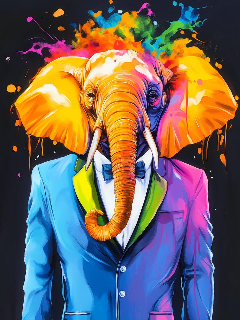 A digital artwork of an elephant dressed in formal attire, with a paint-splattered head.