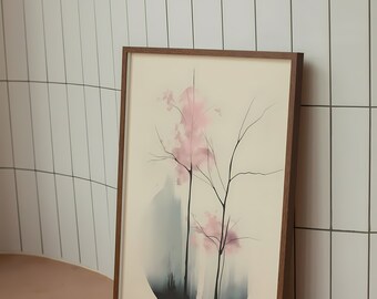 May include: A framed watercolor painting of two trees with pink blossoms in a circular, foggy landscape. The trees are silhouetted against a light gray background.