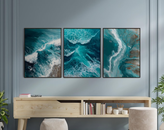 Featured listing image: Wall Poster Set of 3 Turquoise Wall Prints, Abstract Coastal Waves Wall Art, Abstract Wave Art Print: Bold Cyan, Turquoise & Teal Green