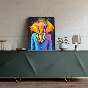 A colourful elephant wearing a suit and bow tie.