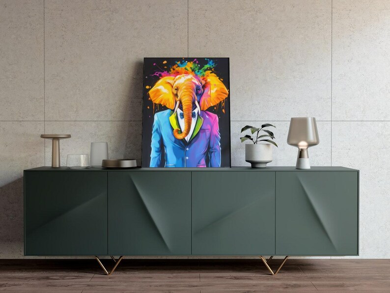 A colourful elephant wearing a suit and bow tie.