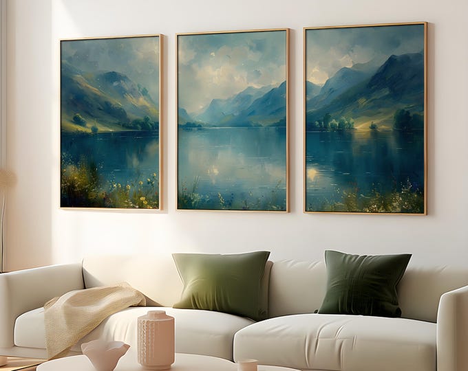 Featured listing image: Tranquil Teal Lake Trio - Abstract 3 Piece Wall Art Set for Living Room Three Piece Wall Art set, Set of 3, Home Decor Living Room Prints