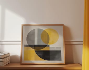Abstract Geometric Wall Art, Mid-Century Modern Yellow & Grey Circle Print, Arch and Circle Print, Living Room, Modern Retro Square Wall Art