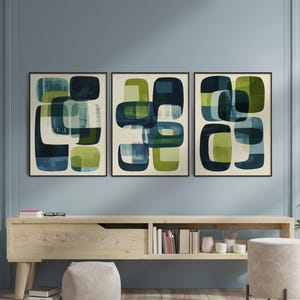 Set of 3 Piece Wall Art Prints, Living Room Wall Art, Green Wall Prints, Blue Home Decor, Boho Prints, Navy Blue, Sage, Boho Wall Art Print