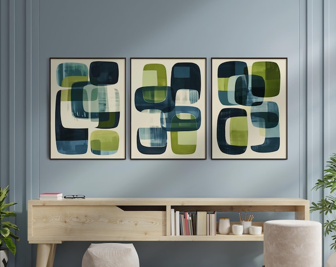 Featured listing image: Set of 3 Piece Wall Art Prints, Living Room Wall Art, Green Wall Prints, Blue Home Decor, Boho Prints, Navy Blue, Sage, Boho Wall Art Print