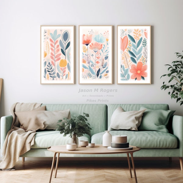 Boho Wall Art Prints Set of 3 Excellent Gift for Them | Vibrant Sunflower Botanical Art Print | Colorful Floral Illustration, Lines Elements