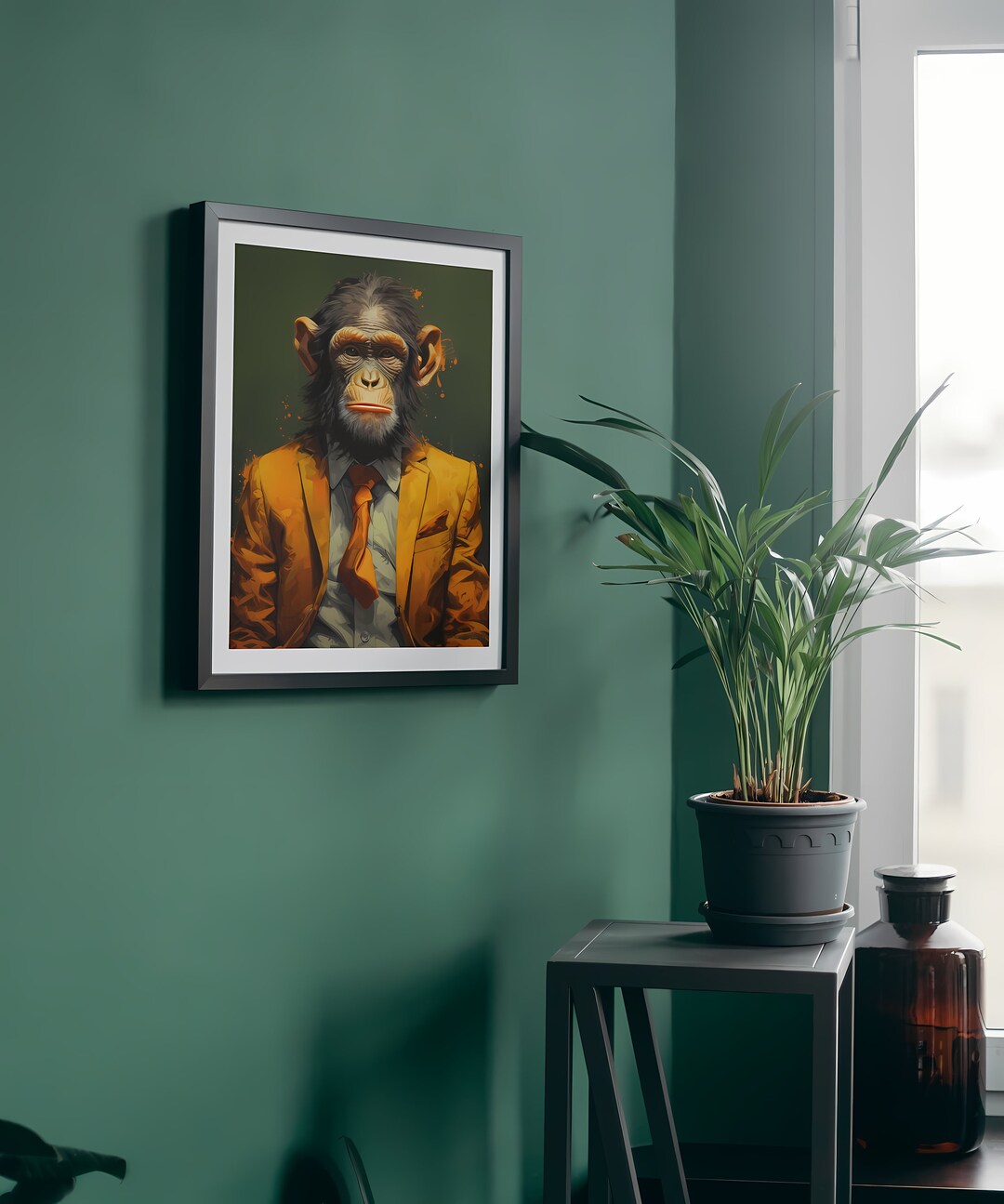 Monkey Portrait Print, Funky Orange Suit, Anthropomorphic Wall Art