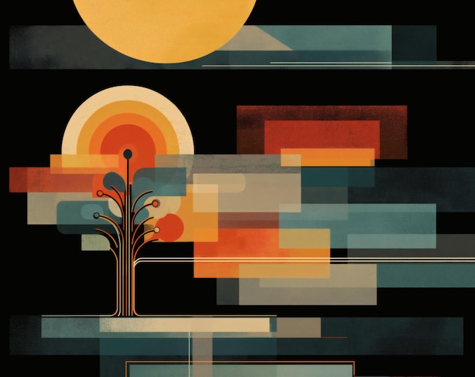 Featured listing image: Mid Century Modern Sunset Art Print, Geometric Tree Poster
