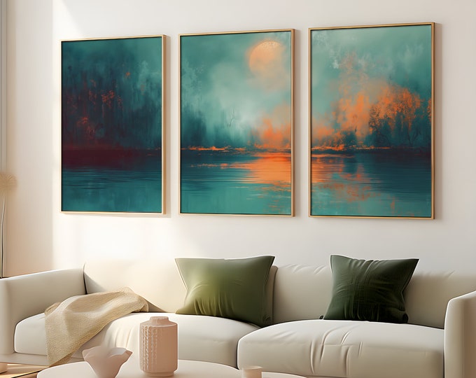 Featured listing image: Three Piece Wall Art set, Abstract Wall Art, Teal Sunset Lake Print, Foggy Forest & Moon, Abstract Landscape Art, Atmospheric Home Decor, 3