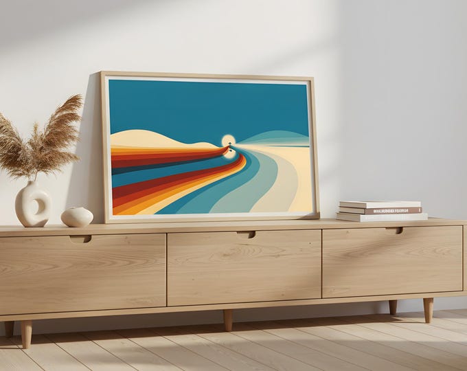 Featured listing image: Trio of retro abstract wall art prints featuring bold blues, yellows, and earthy tones. Three-piece set 60s 1970s vibes Digital Art by Jason