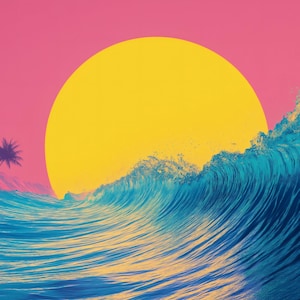 Vaporwave Sunset Wall Art: Retro 80s Ocean Print with Palm Trees