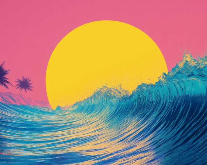 Featured listing image: Dopamine Decor Wall Poster, Vaporwave Sunset Wave Wallpaper: Large Abstract Wall Art, Retro Print , Retro Ocean Art with Palm Trees