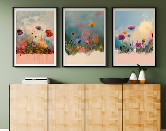 Floral Landscape Wall Art Prints, Set of 3, Pastel Home Decor