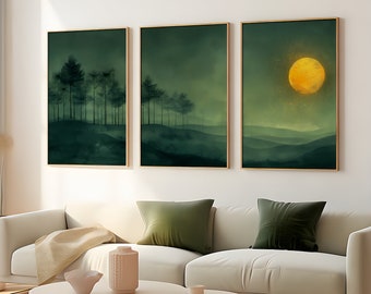 Abstract Green Forest Wall Art Set, Eerie Moon Fantasy Prints