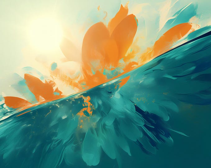 Featured listing image: Abstract Bloom Print, Dynamic Floral Wall Art, Teal Orange, Modern Abstract Decor, Energetic Flower Art, Contemporary Living Room Home Decor