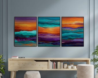 Boho Sunset Landscape Art Prints, Coastal Decor Set of 3