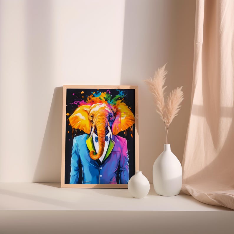 A colourful and humorous portrait of a suited elephant.
A digital artwork of an elephant dressed in formal attire.