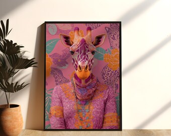Op de afbeelding: Een ingelijste kunstdruk met een giraffe met een roze en paars patroon en bijpassende kleding. De achtergrond is een roze bloemenontwerp. De giraffe heeft een oranje neus en draagt een sjaal en een decoratieve top.