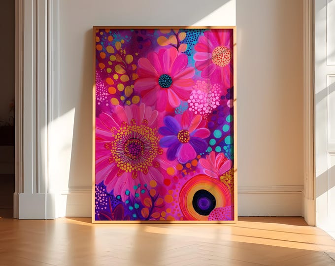 Featured listing image: Bright Pink Eclectic Wall Poster, Hot & Colourful, Vibrant Floral Abstract Flower Prints, Boho Poster Decor