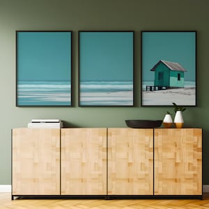 Teal Beach Hut Wall Poster, Abstract Ocean Print, Turquoise Coastal Poster Decor 3 Piece Wall Art Set for Living Room Home Decor Prints