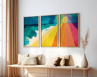 Rainbow Wall Art Set of 3, Abstract Landscape Prints, Colourful Living Room Decor, Dopamine Decor Art