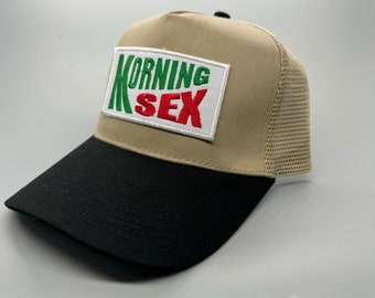 Morning Sex Beige & Black Trucker Hat, Funny Hat, Retro MeshBack Hat, High Crown, Hunting Hat, Fishing Hat, Variations Available, Adult Size