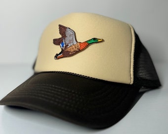 Duck Season Hunter Beige & Brown Hat, Funny Hat, Rope Mesh Back Hat, Trucker Hat, Hunting Hat, Fishing Hat, Variations Available, Adult Size