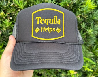 Tequila Helps Black Trucker Hat, Funny Hat, Rope Mesh Back Hat, Drinking Hat, Hunting Hat, Fishing Hat, Adult Size