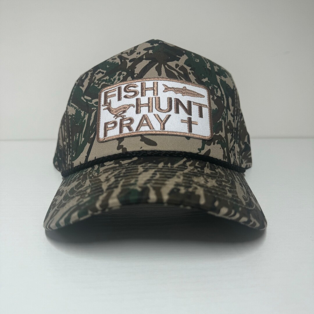 Fish Hunt Pray Camouflage Trucker Hat, Retro Hat, Rope Hat, High Crown, Hunting, Fishing Hat