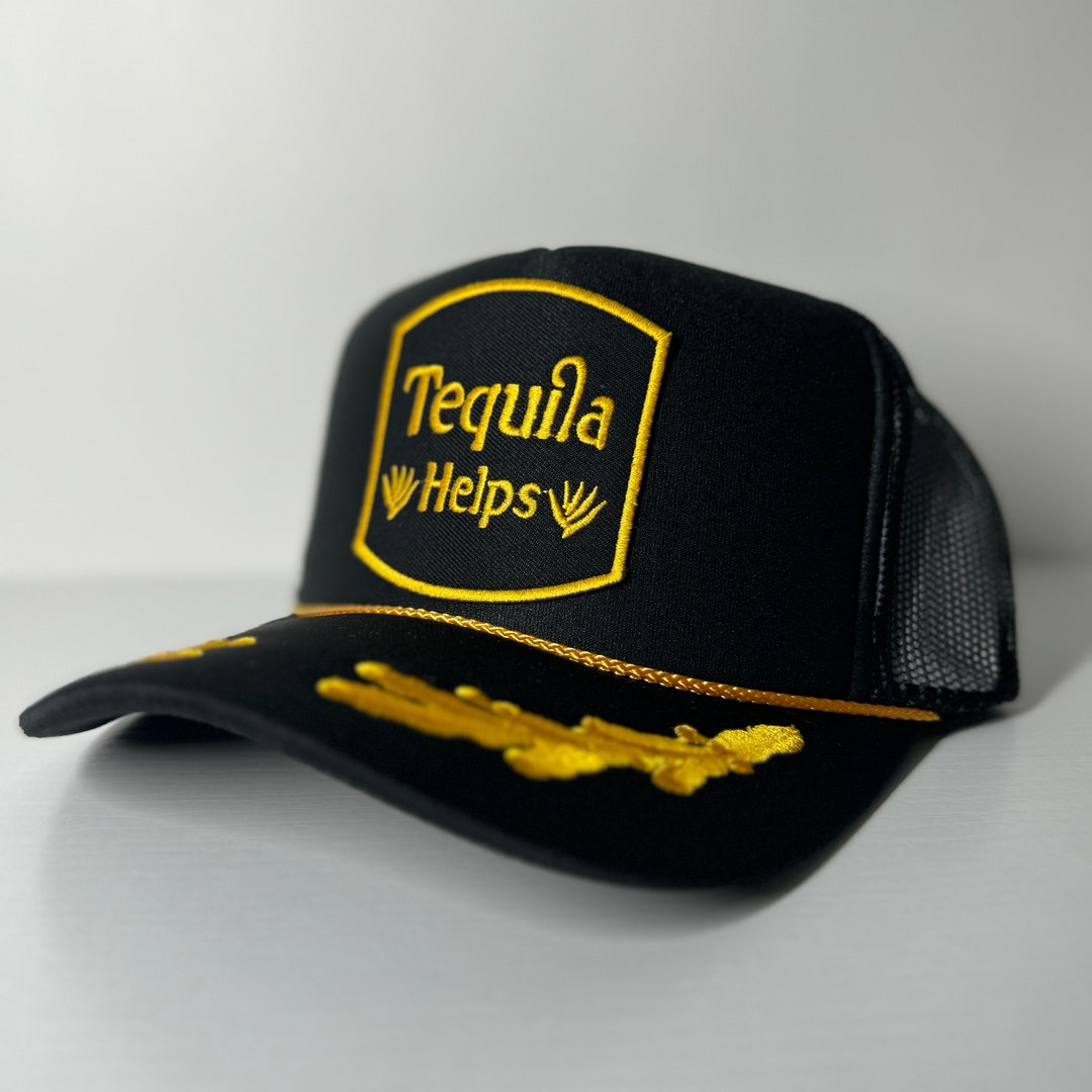 Tequila Helps Black & Yellow Trucker Hat, Funny Hat, Rope Hat, Drinking Hat, Hunting Hat