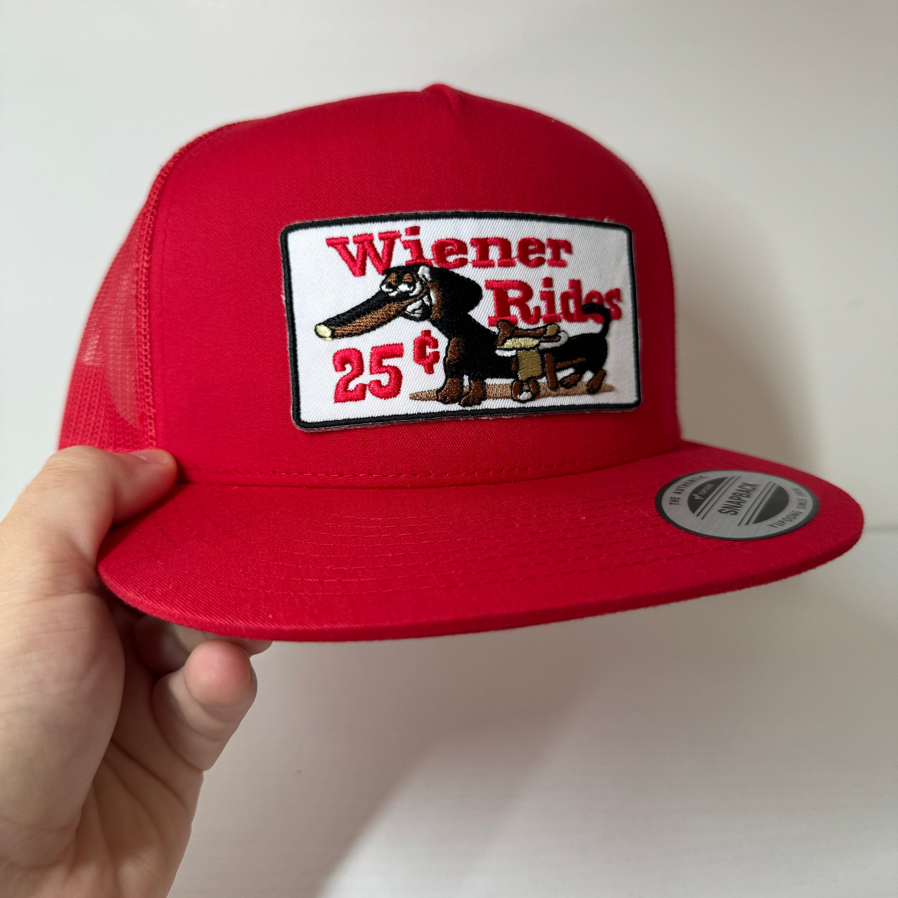 Wiener Rides Red Trucker Hat, Retro Mesh Back Snapback, High Crown ...