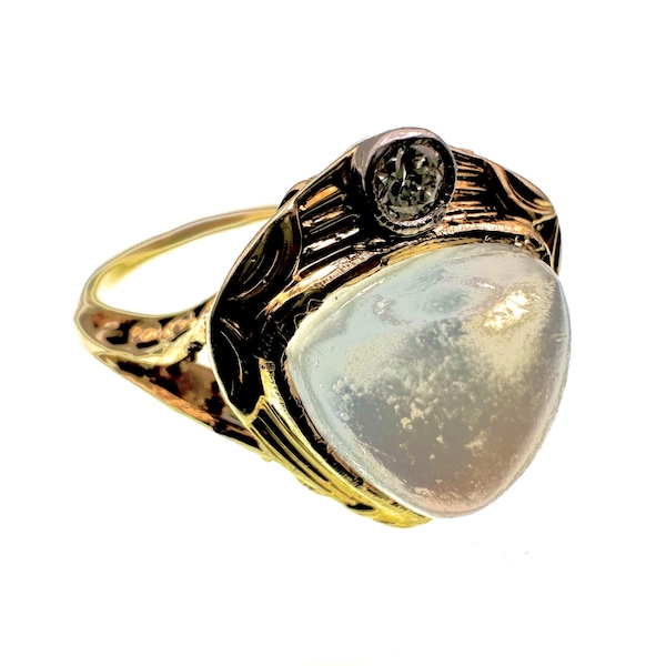 Blue MoonStone 14k Yellow Gold Ring, Triangle Moonstone and Diamond statement gold ring, June birthstone Vintage Filigree, Art Deco Jewelry