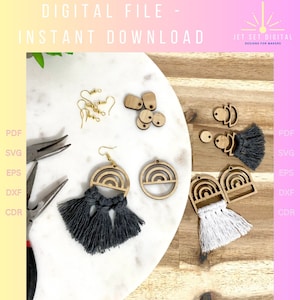 May include: A set of DIY earring kits with wooden cutouts of a rainbow design, grey and white tassels, and gold earring hooks. The kits are on a white marble surface. The text "DIGITAL FILE - INSTANT DOWNLOAD" and "JET SET DIGITAL DESIGNS FOR MAKERS" is visible in the image.