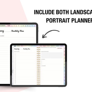 K&ouml;nnte beinhalten: Zwei digitale Planer auf einem Tablet-Bildschirm. Der linke Planer ist im Querformat mit einem Monatskalender f&uuml;r Januar. Der rechte Planer ist im Hochformat mit einem Monatskalender f&uuml;r Januar und einem Notizbereich.