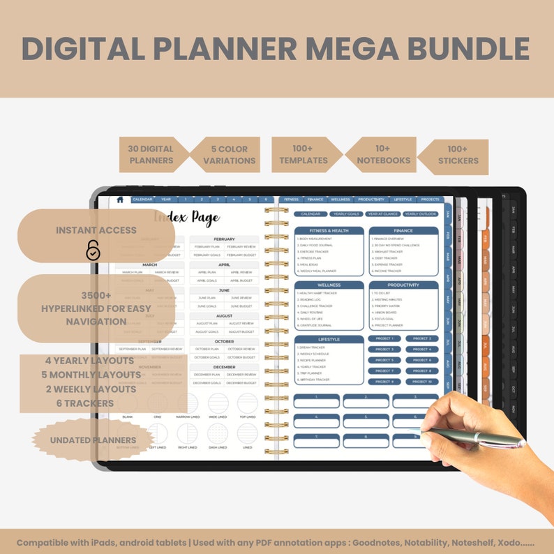 K&ouml;nnte beinhalten: Ein digitales Planer-Paket mit 30 Planern, 5 Farbvarianten, 100 Vorlagen, 10 Notizb&uuml;chern und 100 Stickern. Der Planer verf&uuml;gt &uuml;ber eine Indexseite mit monatlichen und j&auml;hrlichen Layouts sowie Trackern. Der Planer ist kompatibel mit iPad und Android-Tablets und kann mit PDF-Anmerkungs-Apps verwendet werden.
