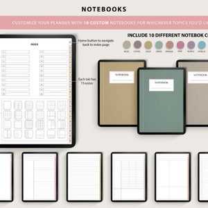 May include: A digital planner with 10 customizable notebooks. The planner has an index page with 20 clickable subjects and 24 clickable page styles. The notebooks are available in 10 different colors: beige, coffee, gold, green, orange, pink, purple, sky blue, teal, and vintage.