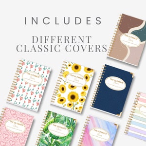 K&ouml;nnte beinhalten: Ein Set mit zehn verschiedenen Planer-Covern mit verschiedenen Designs, darunter Kakteen, Sonnenblumen, Herzen, tropische Bl&auml;tter, abstrakte Aquarellmalerei und ein blaues Jeansmuster. Jedes Cover tr&auml;gt den Text "The Ultimate Planner".