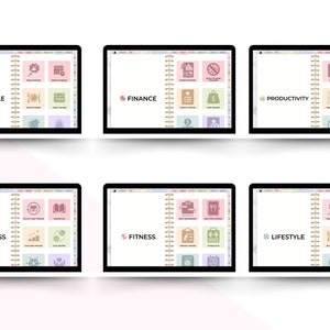 K&ouml;nnte beinhalten: Sechs digitale Planer-Bildschirme mit verschiedenen Kategorien: Lifestyle, Finanzen, Produktivit&auml;t, Wellness, Fitness und Lifestyle. Jeder Bildschirm hat ein Raster mit neun Quadraten, die Symbole f&uuml;r verschiedene Aspekte jeder Kategorie darstellen.